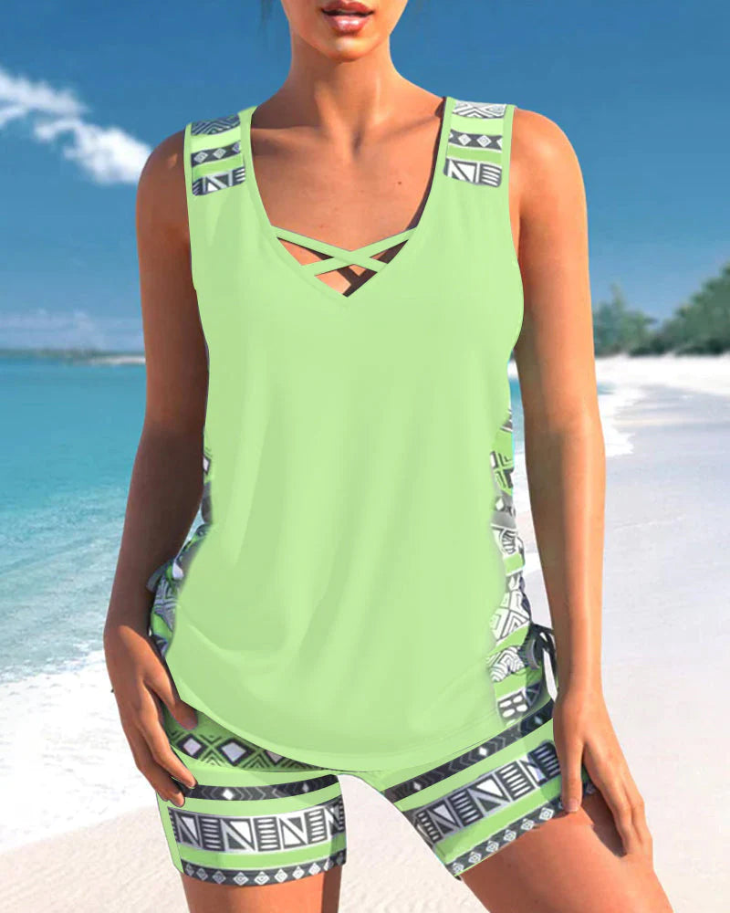 Bienna Tankini para Mujer – Bañador Geométrico con Short Elegante Verano
