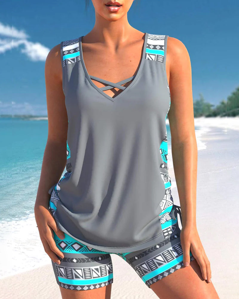Bienna Tankini para Mujer – Bañador Geométrico con Short Elegante Verano