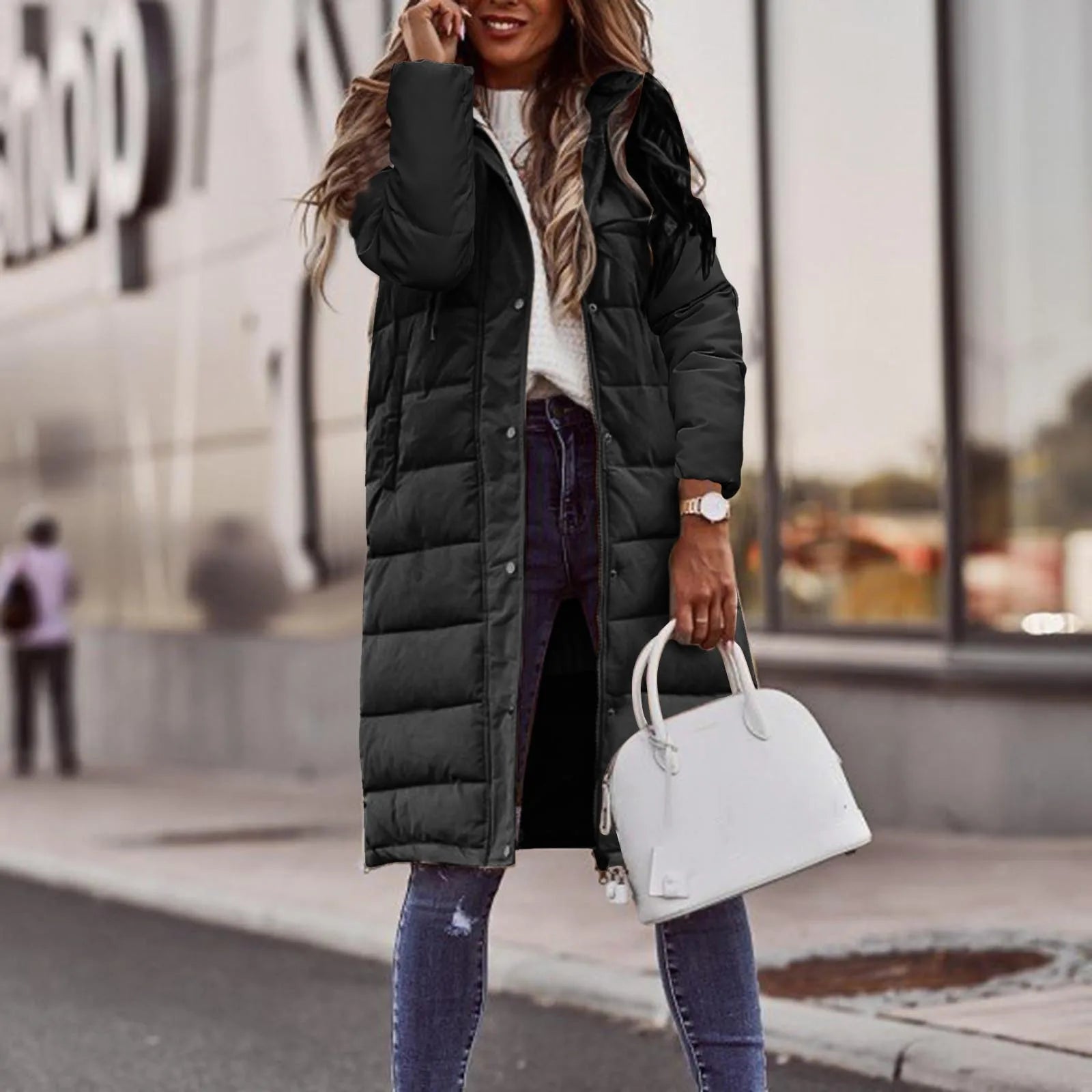 Evie Abrigo Largo Acolchado para Mujer – Chaqueta Invierno Elegante con Capucha
