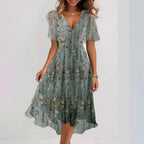 Eméline Vestido Midi Floral para Mujer – Vestido Elegante de Chifón Verano Chic