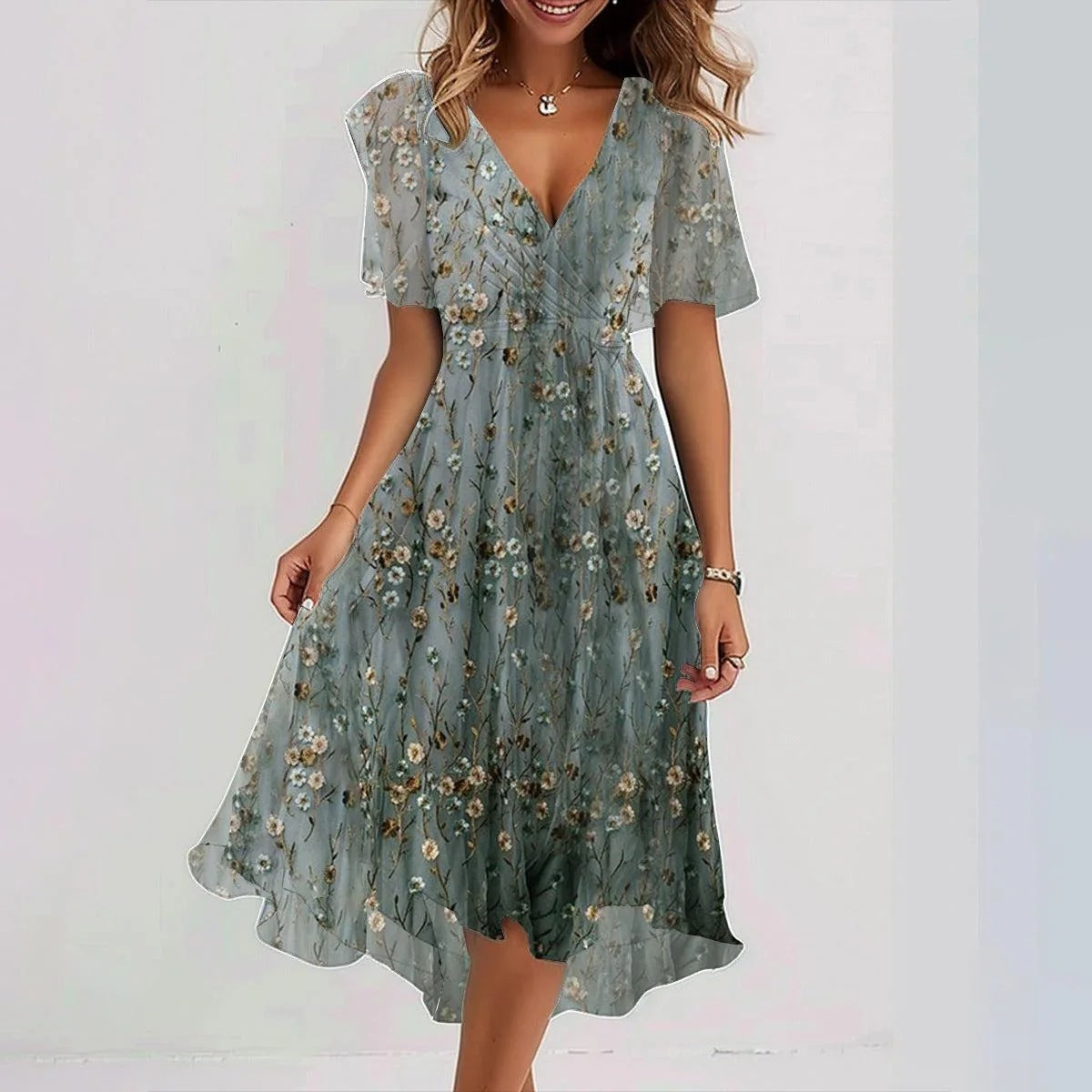 Eméline Vestido Midi Floral para Mujer – Vestido Elegante de Chifón Verano Chic