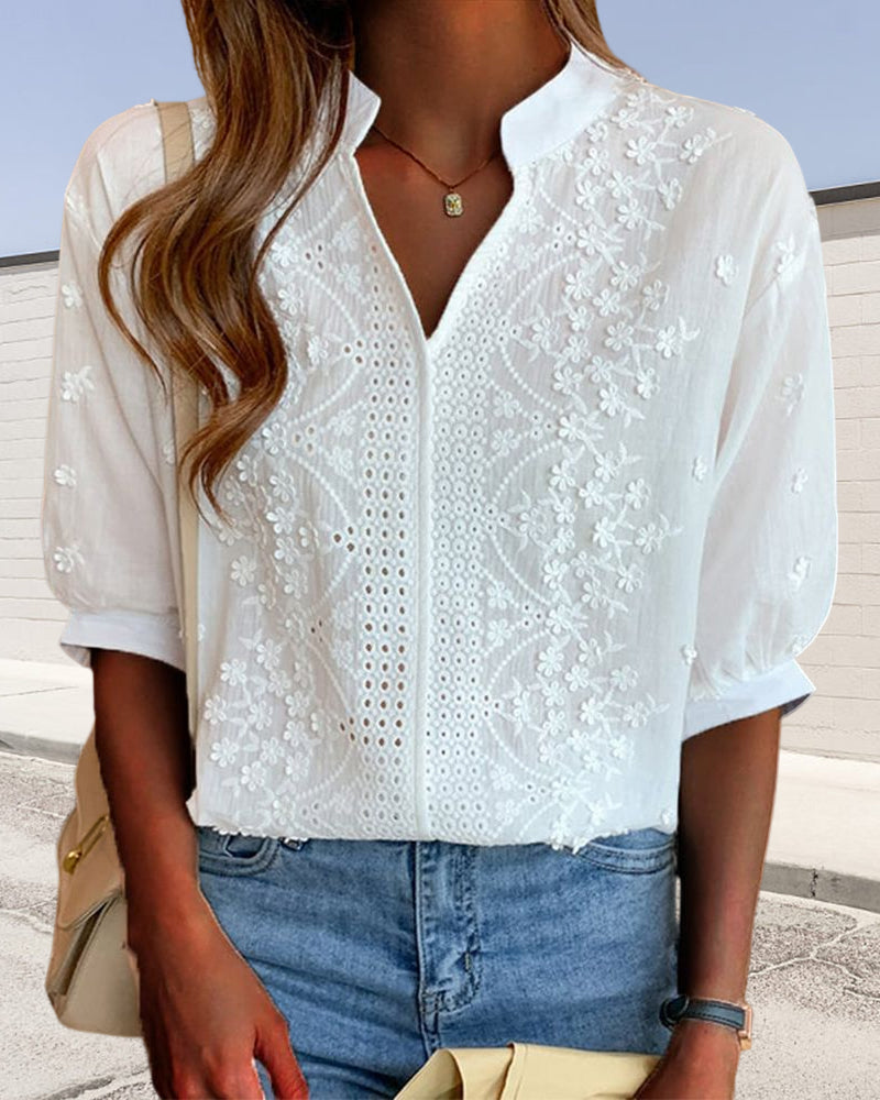 Valentina Blusa para Mujer – Escote en V, Mangas Abullonadas y Detalles Patchwork