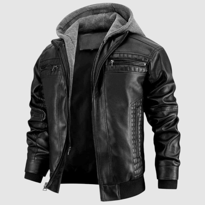 Chaqueta Moto de Cuero con Capucha para Hombre