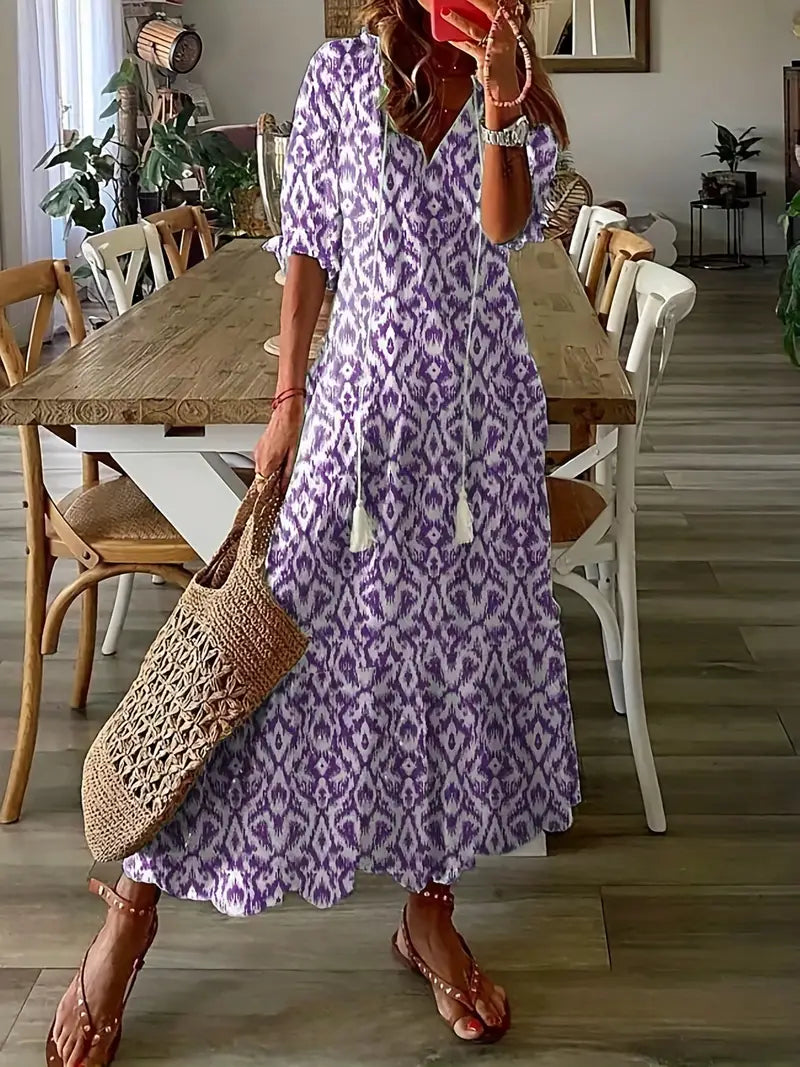 Charm Vestido Bohemio para Mujer – Vestido Floral Ikat con Escote en V Chic