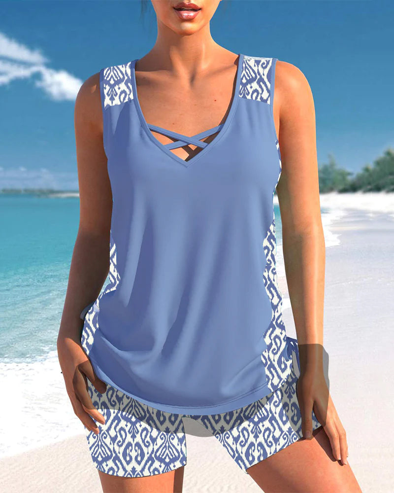 Bienna Tankini para Mujer – Bañador Geométrico con Short Elegante Verano