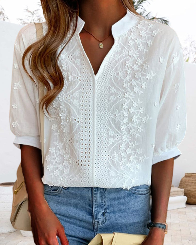 Valentina Blusa para Mujer – Escote en V, Mangas Abullonadas y Detalles Patchwork
