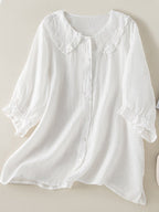 Jillian Blusa para Mujer – Camisa de Algodón y Lino con Cuello Volantes Chic