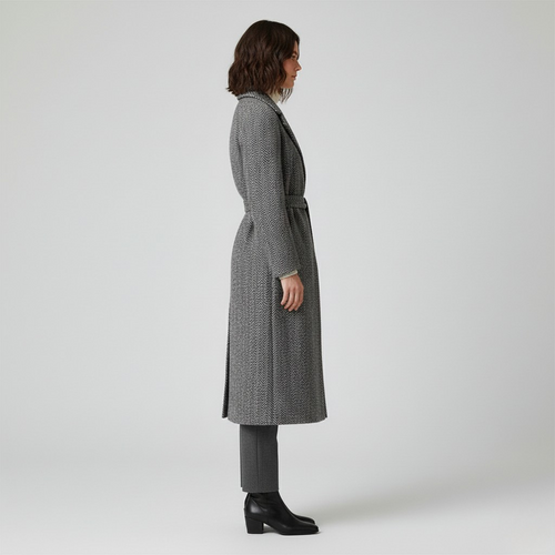 Abrigo largo con cinturón y diseño en espiga