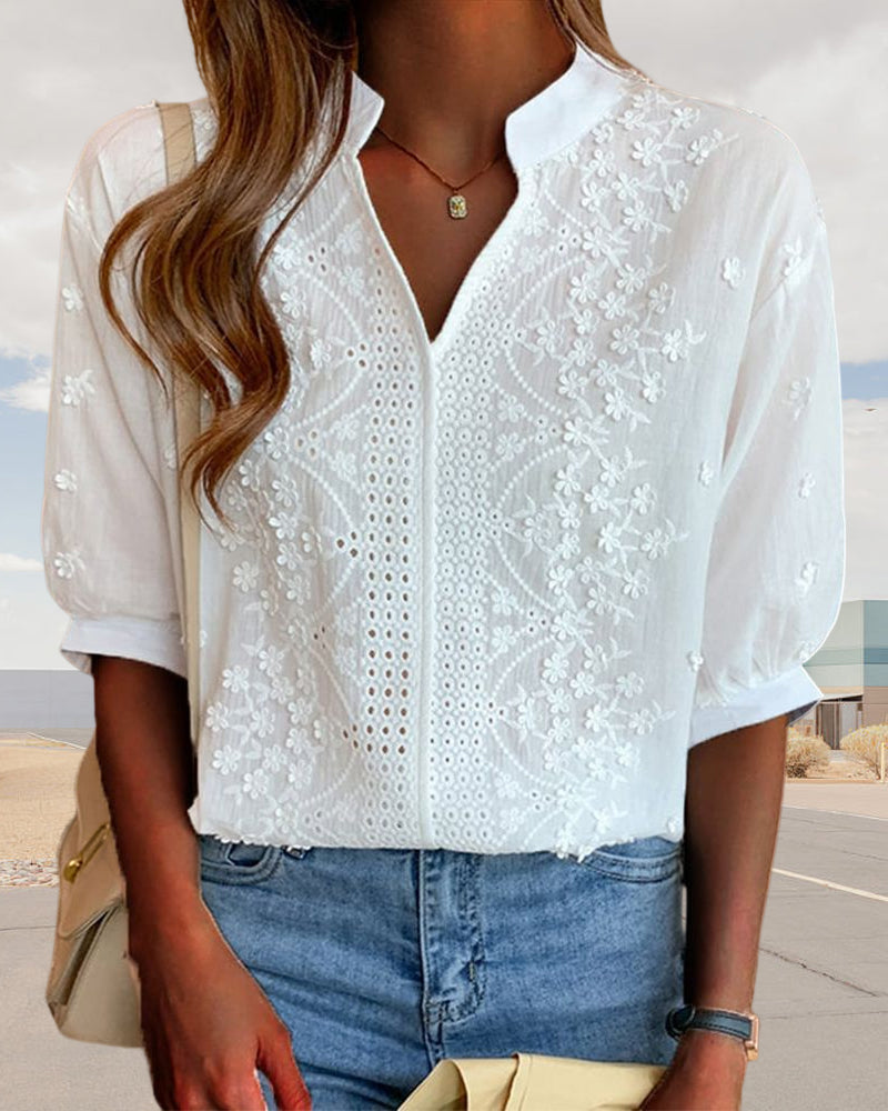 Valentina Blusa para Mujer – Escote en V, Mangas Abullonadas y Detalles Patchwork