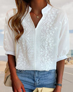 Valentina Blusa para Mujer – Escote en V, Mangas Abullonadas y Detalles Patchwork