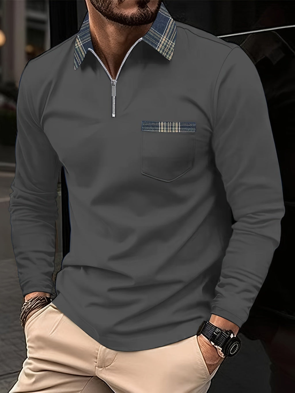 Frank Polo de Manga Larga para Hombre – Polo Cremallera Cuadros Elegante