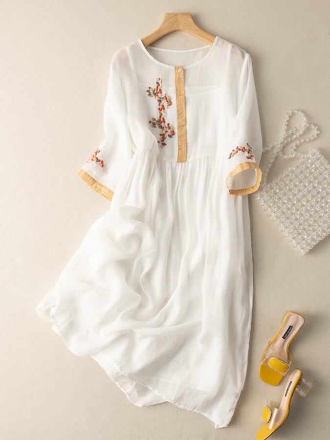Zara Vestido Bohemio para Mujer – Vestido de Algodón y Lino Bordado Étnico