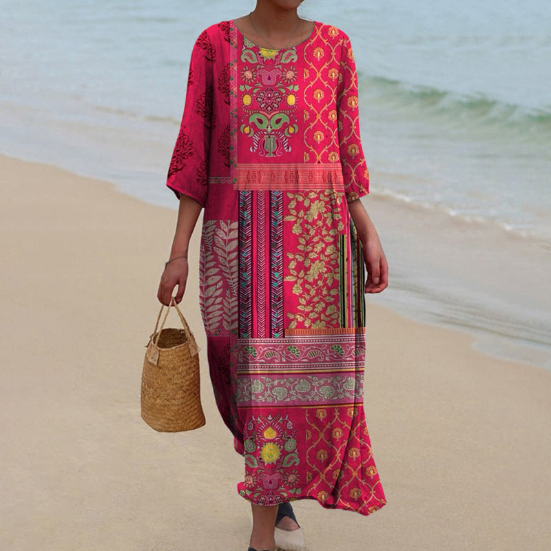 Aurora Vestido Maxi para Mujer – Diseño Bohemio Rojo con Estampado Étnico y Algodón Ligero