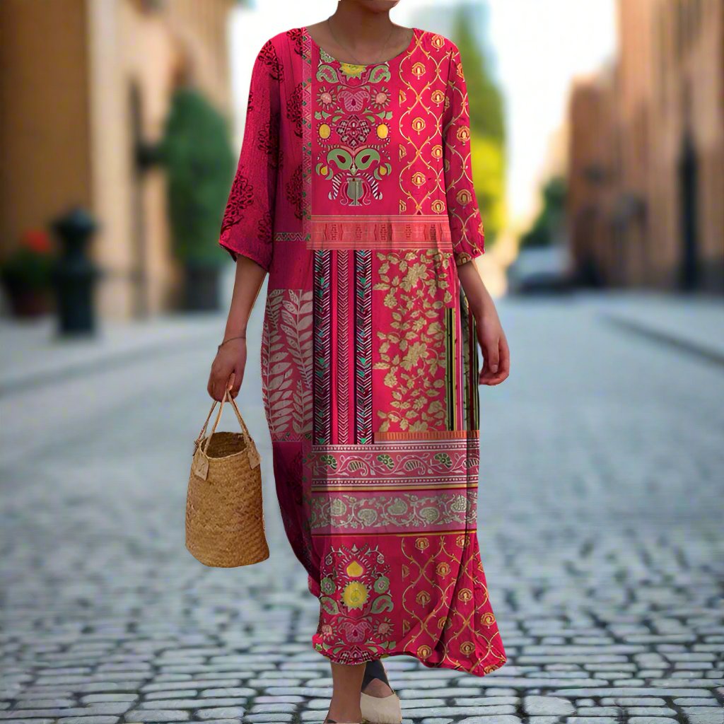 Aurora Vestido Maxi para Mujer – Diseño Bohemio Rojo con Estampado Étnico y Algodón Ligero