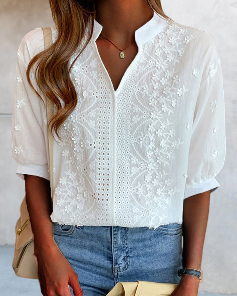 Valentina Blusa para Mujer – Escote en V, Mangas Abullonadas y Detalles Patchwork