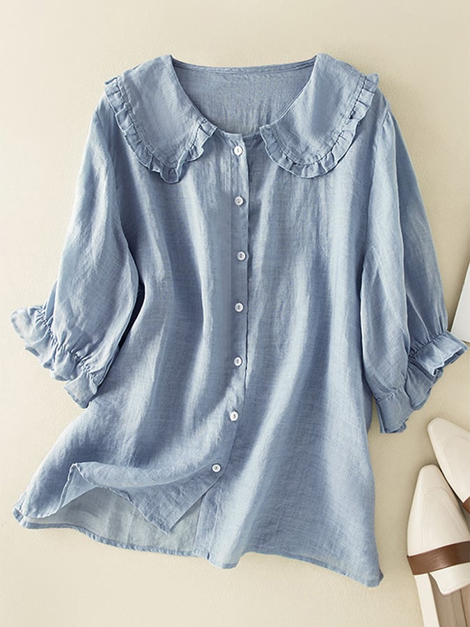 Jillian Blusa para Mujer – Camisa de Algodón y Lino con Cuello Volantes Chic