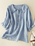 Jillian Blusa para Mujer – Camisa de Algodón y Lino con Cuello Volantes Chic