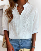 Valentina Blusa para Mujer – Escote en V, Mangas Abullonadas y Detalles Patchwork