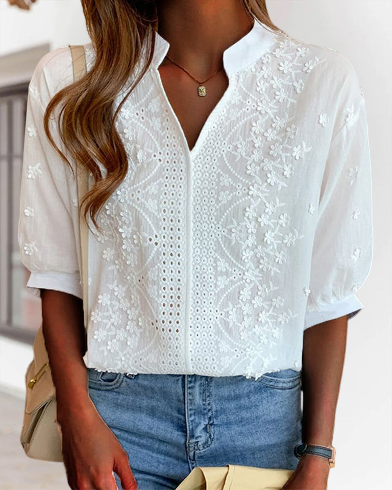 Valentina Blusa para Mujer – Escote en V, Mangas Abullonadas y Detalles Patchwork
