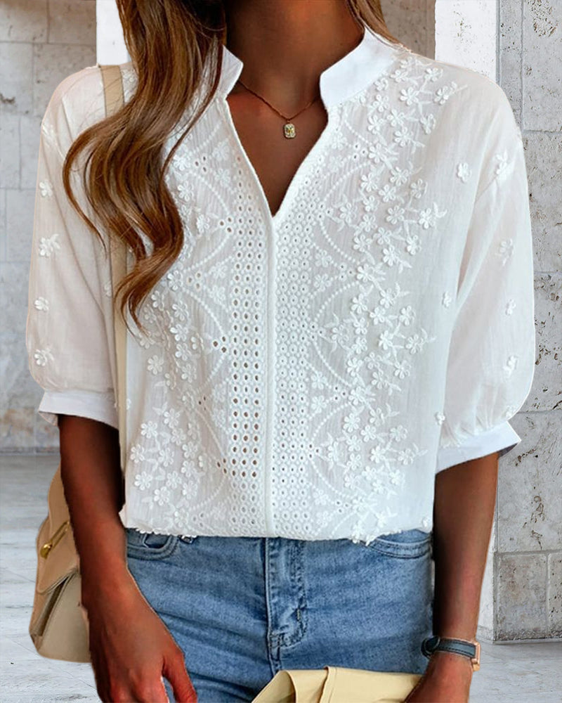 Valentina Blusa para Mujer – Escote en V, Mangas Abullonadas y Detalles Patchwork
