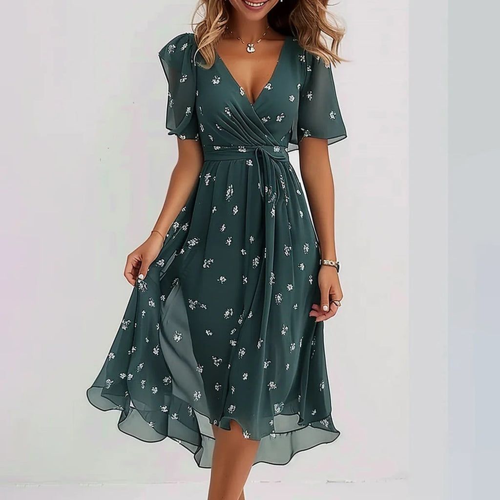 Eméline Vestido Midi Floral para Mujer – Vestido Elegante de Chifón Verano Chic