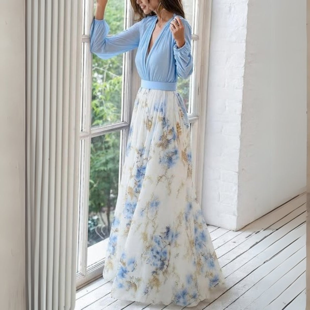 Lily Vestido Largo Floral para Mujer – Vestido Verano Azul Elegante Chic