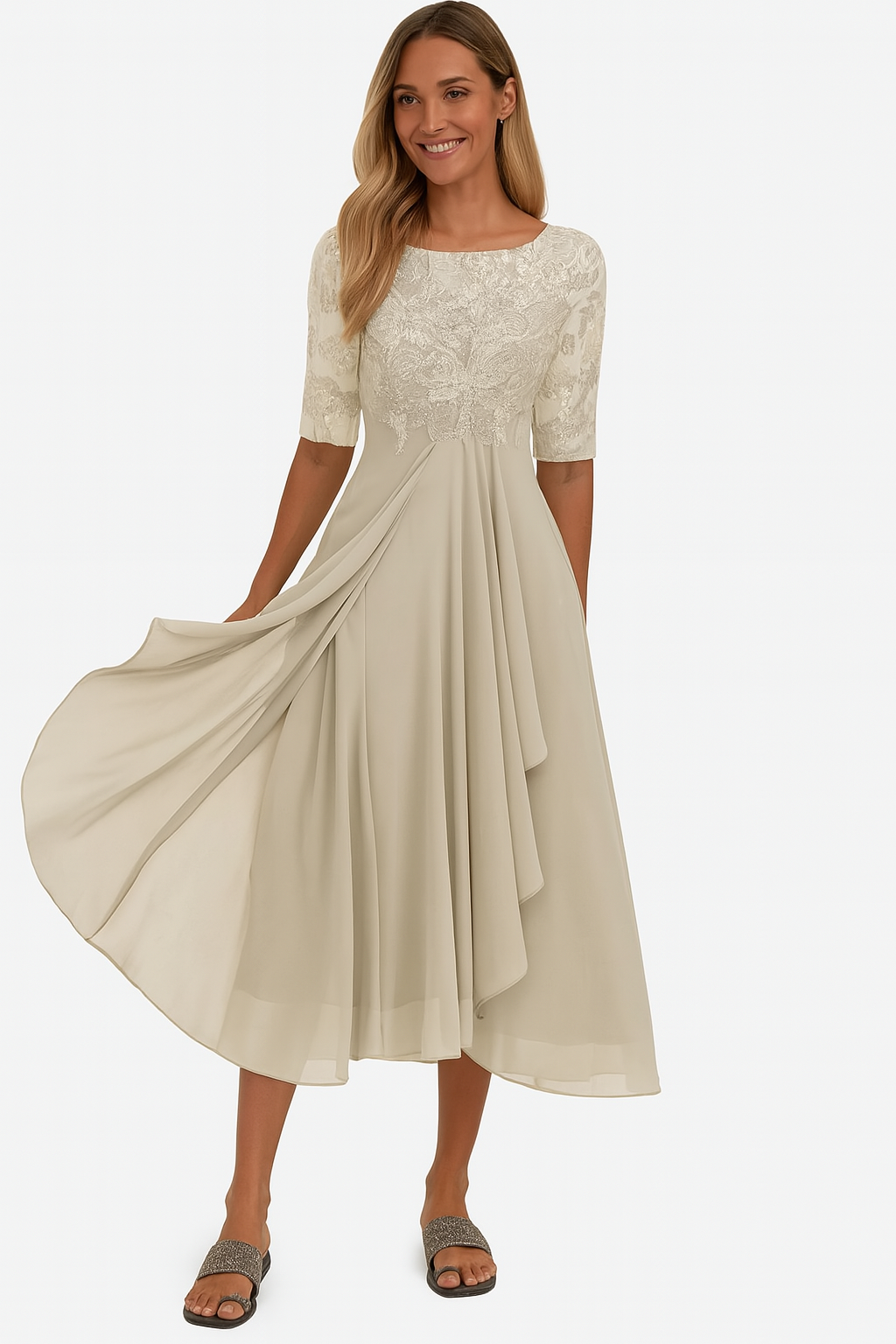 Vera Vestido Elegante para Mujer – Vestido de Encaje y Chifón Línea A Chic