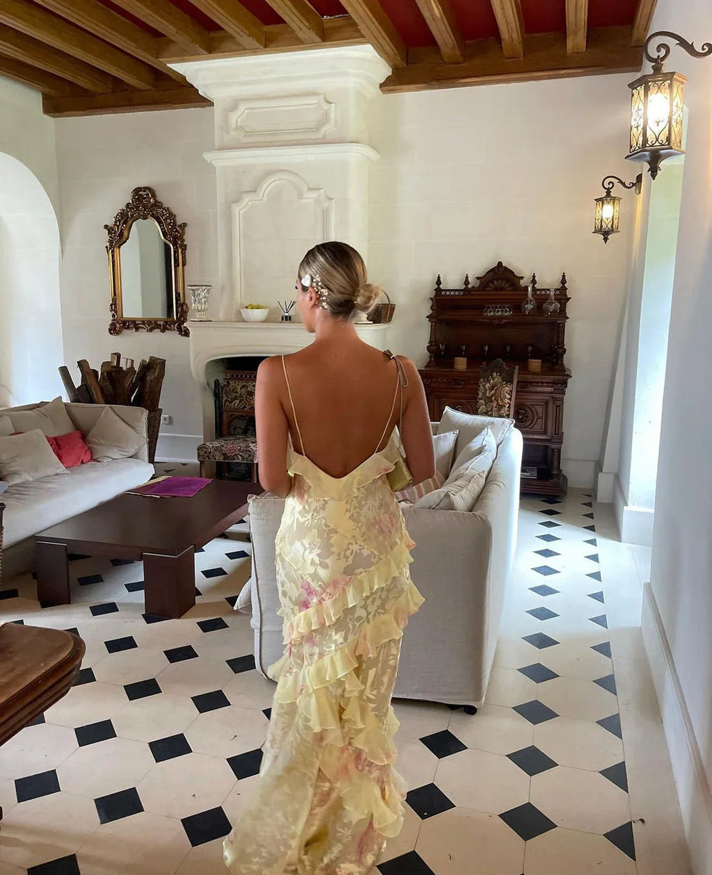 Estella Vestido Largo Volantes para Mujer – Vestido Elegante Espalda Abierta