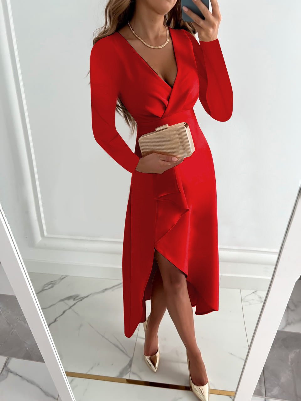 Tessa Vestido Elegante para Mujer – Vestido Escote V Manga Larga Chic
