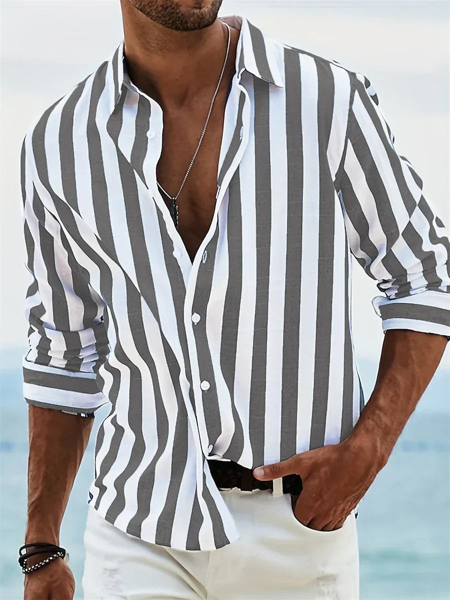 Camisa de Rayas en Lino y Algodón para Hombre