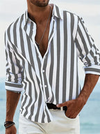 Camisa de Rayas en Lino y Algodón para Hombre