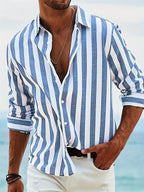 Camisa de Rayas en Lino y Algodón para Hombre
