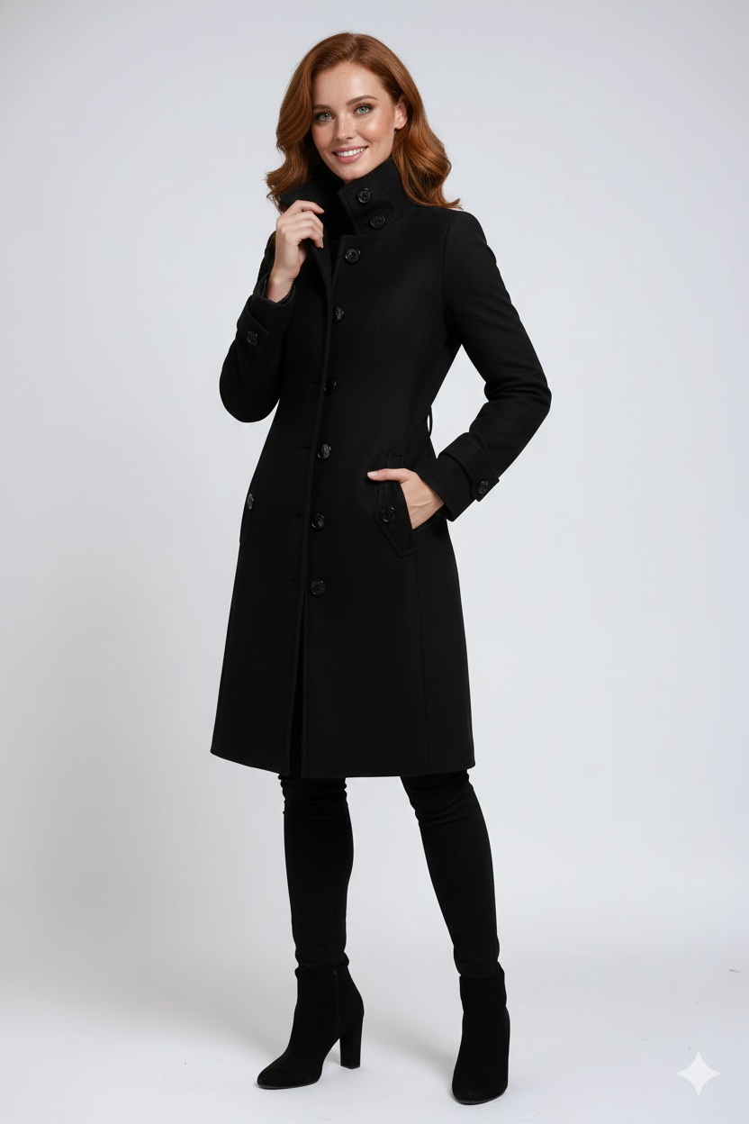 Camila Trench de Invierno para Mujer – Abrigo Elegante Entallado con Cuello Alto