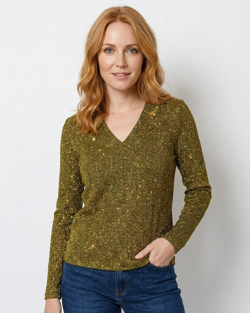 Zane Blusa Brillante para Mujer – Top Escote V Elegante Casual Chic