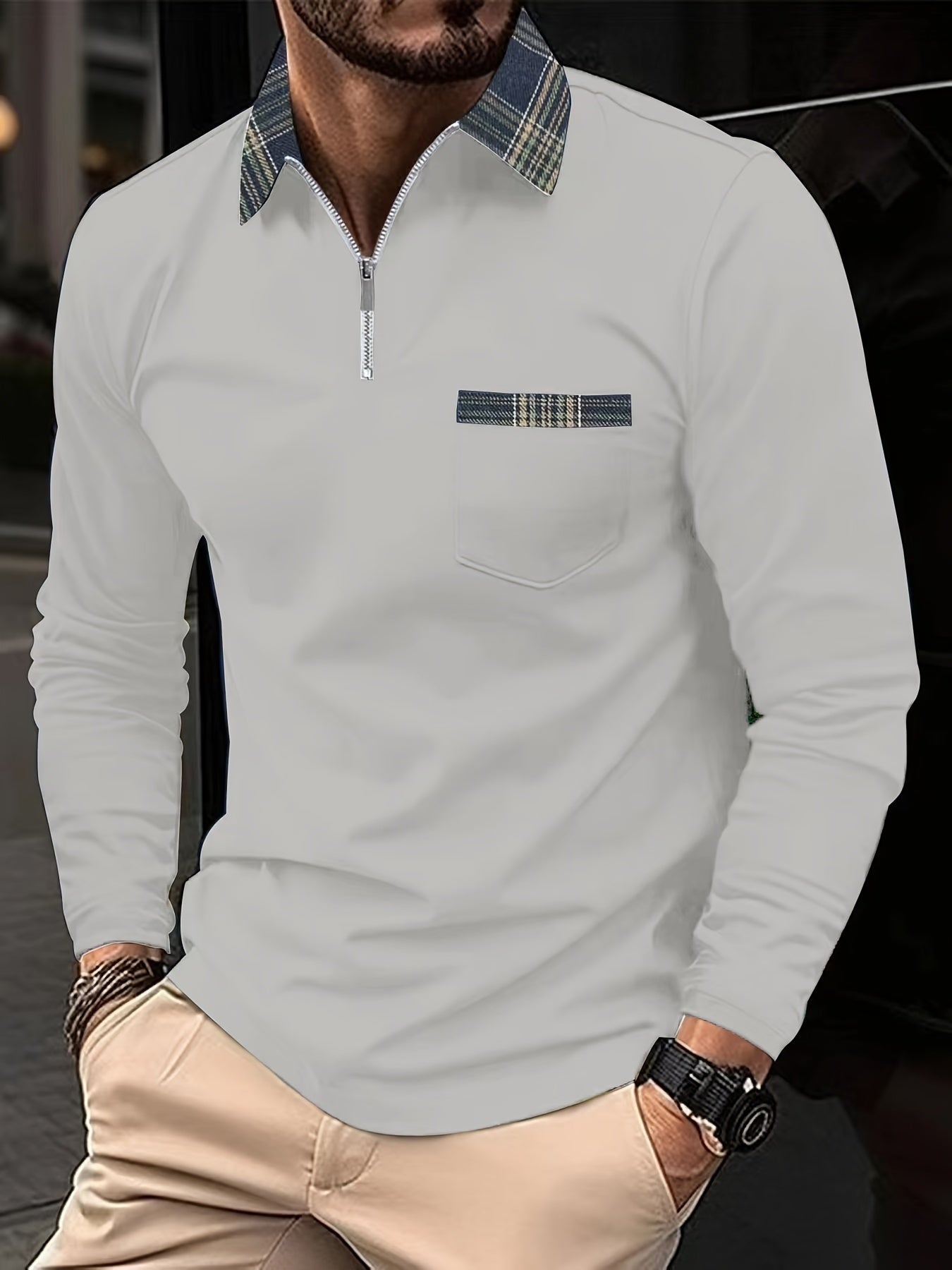 Frank Polo de Manga Larga para Hombre – Polo Cremallera Cuadros Elegante