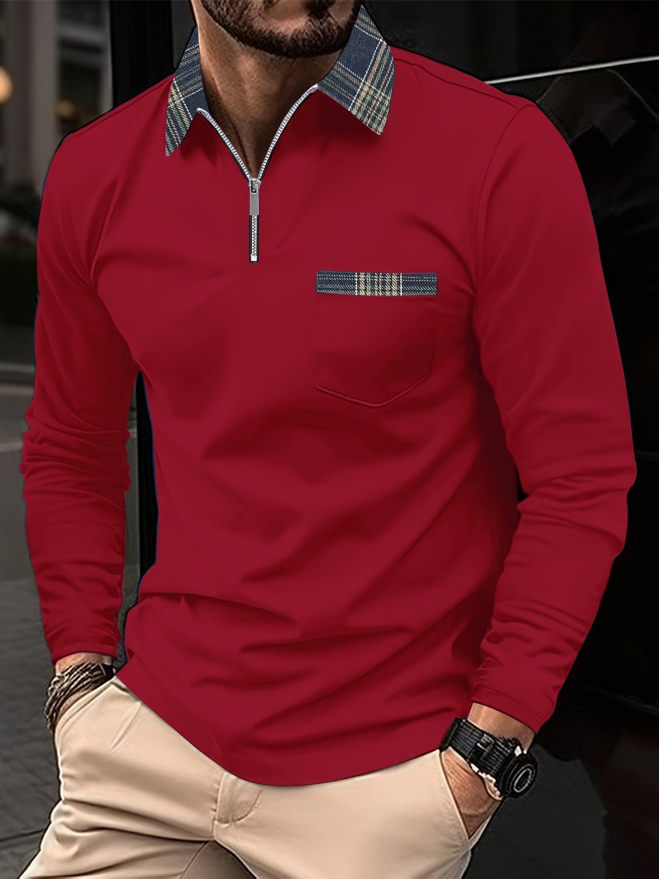 Frank Polo de Manga Larga para Hombre – Polo Cremallera Cuadros Elegante