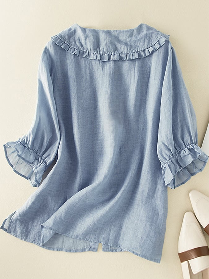Jillian Blusa para Mujer – Camisa de Algodón y Lino con Cuello Volantes Chic