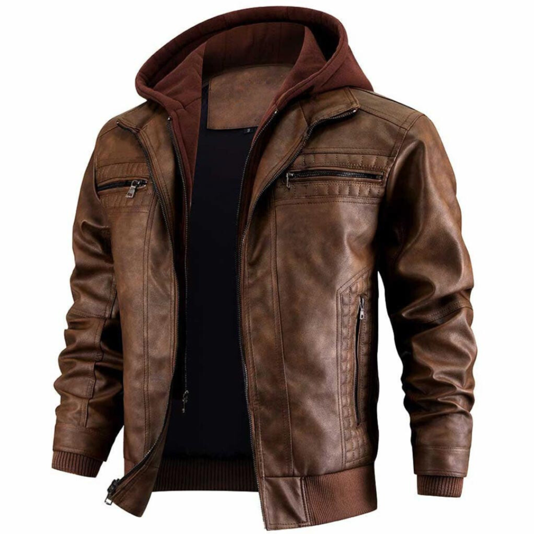 Chaqueta Moto de Cuero con Capucha para Hombre