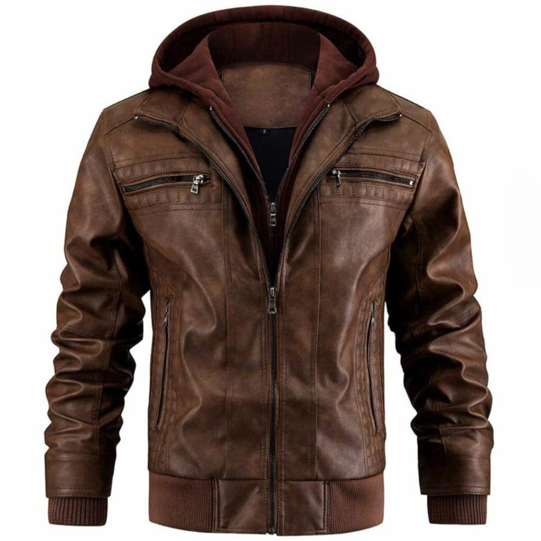 Chaqueta Moto de Cuero con Capucha para Hombre