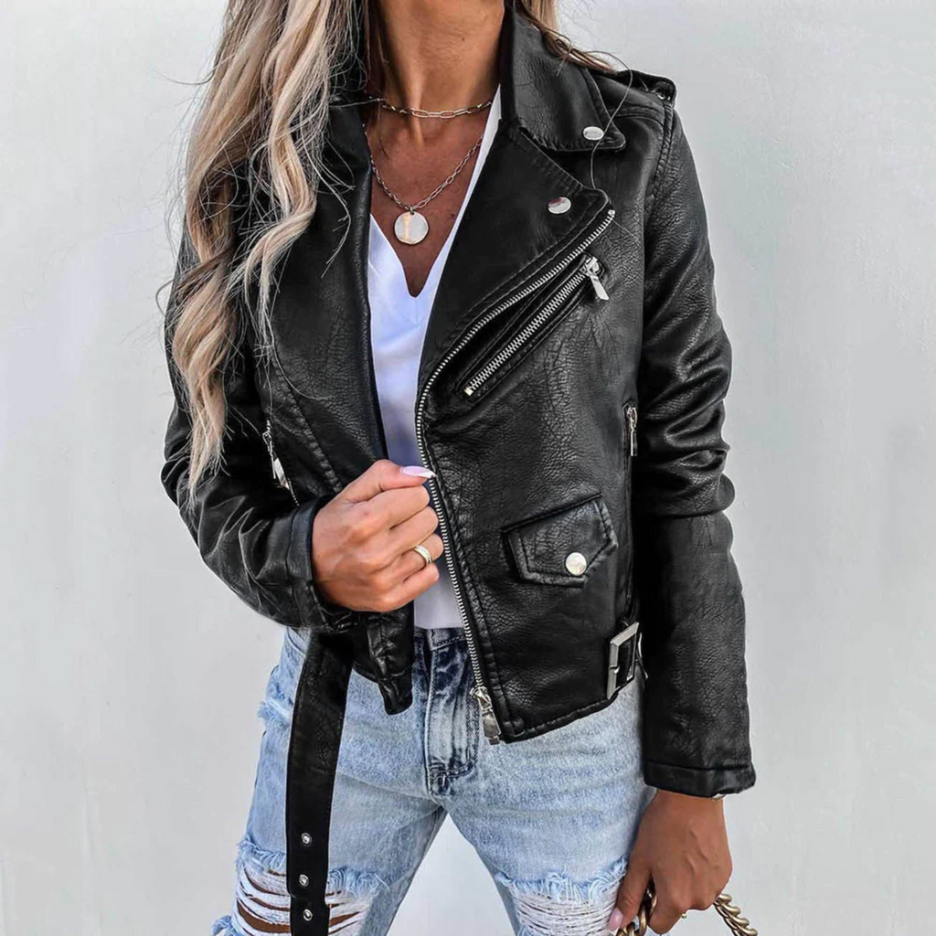 Sophia Chaqueta de Cuero para Mujer – Cuello Alto Elegante con Cinturón Ajustable
