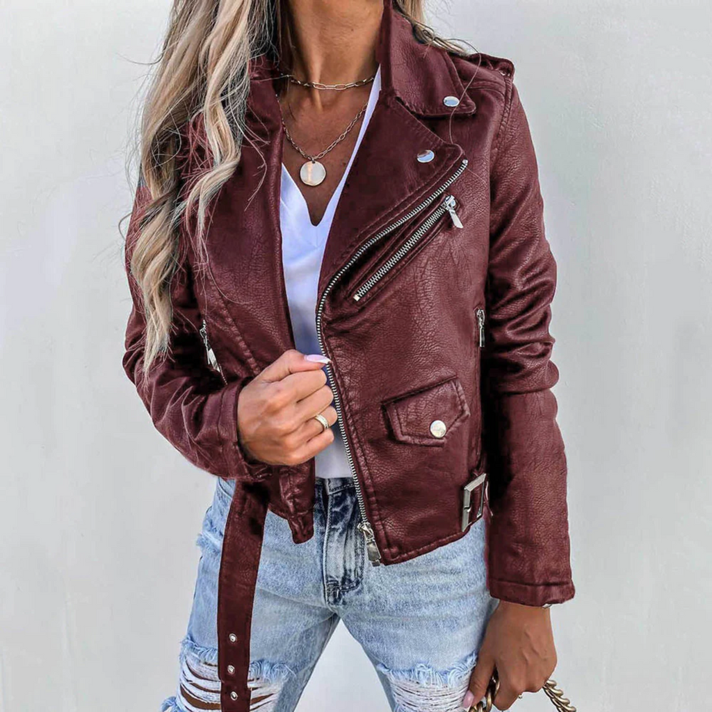 Sophia Chaqueta de Cuero para Mujer – Cuello Alto Elegante con Cinturón Ajustable