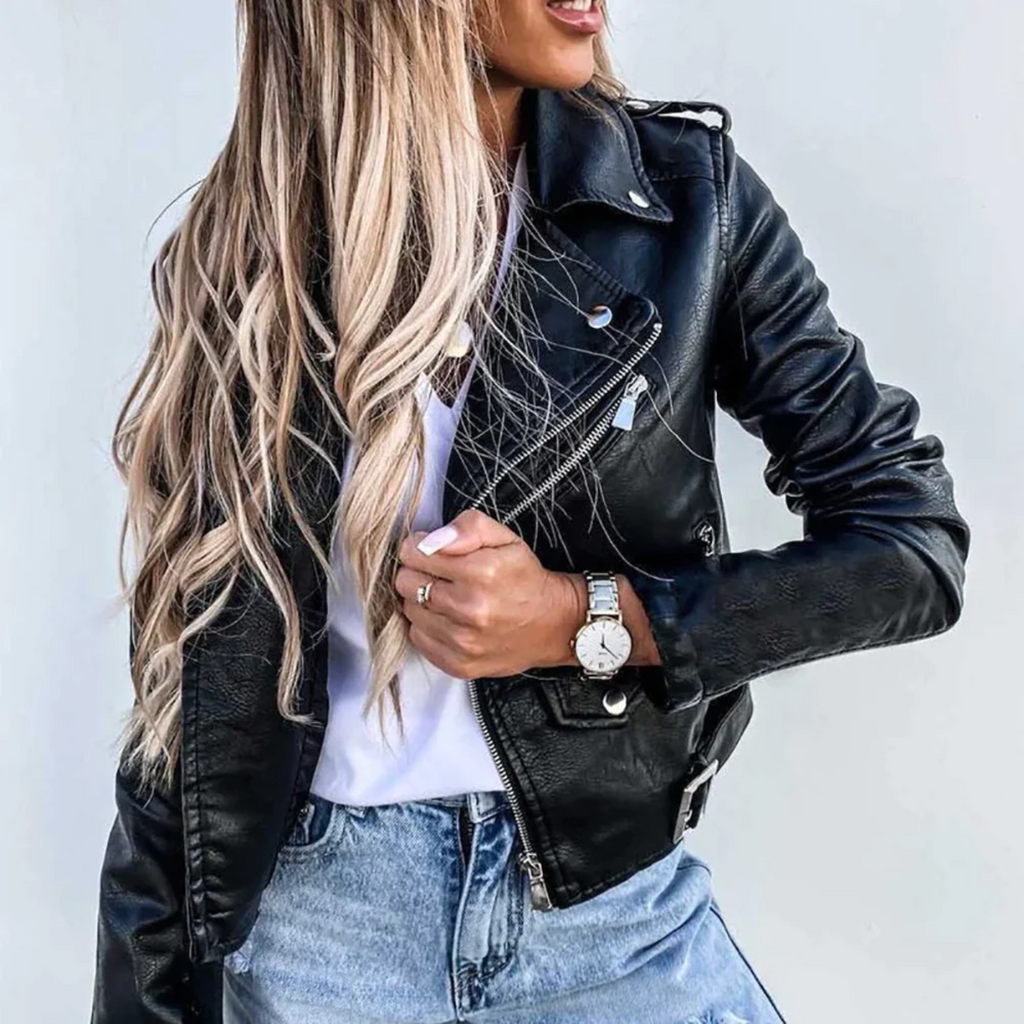 Sophia Chaqueta de Cuero para Mujer – Cuello Alto Elegante con Cinturón Ajustable