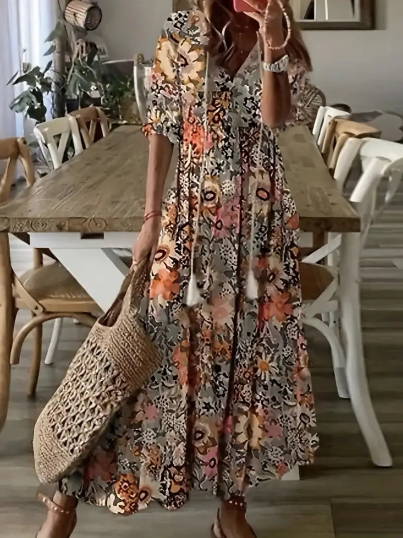 Charm Vestido Bohemio para Mujer – Vestido Floral Ikat con Escote en V Chic