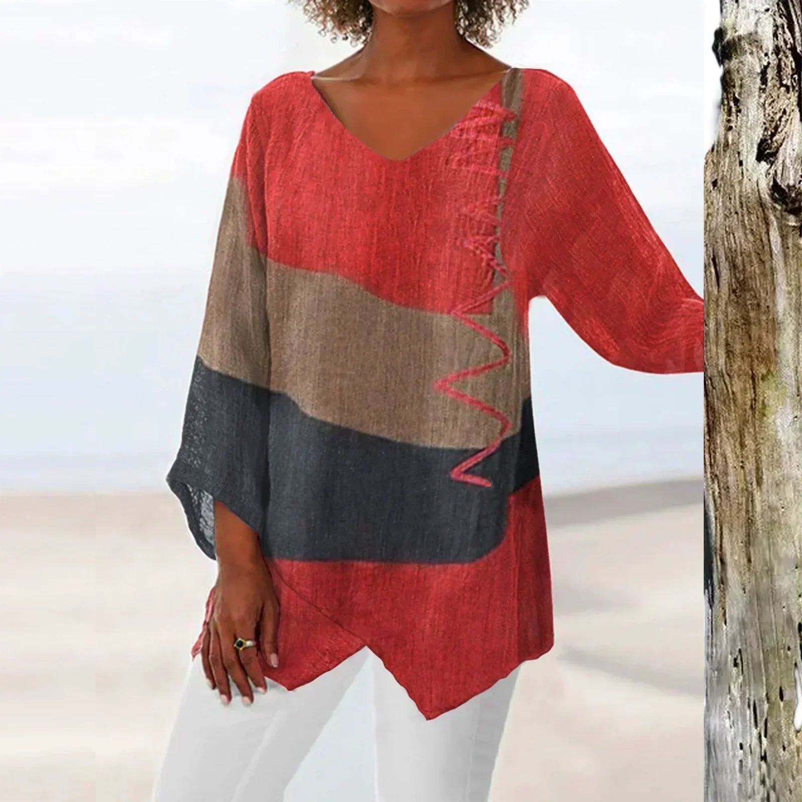 Solange Top para Mujer – Blusa Escote V Color Block Casual Chic Elegante