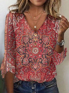 Brianna Blusa Boho para Mujer – Blusa Estampada Elegante Casual Chic Rubí