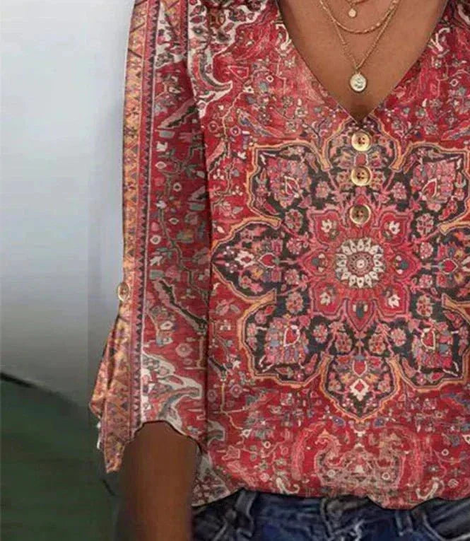Brianna Blusa Boho para Mujer – Blusa Estampada Elegante Casual Chic Rubí