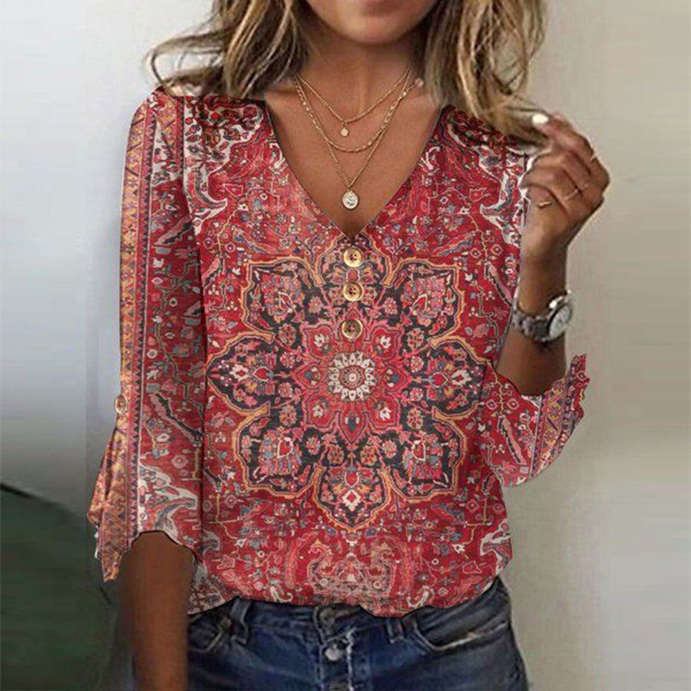 Brianna Blusa Boho para Mujer – Blusa Estampada Elegante Casual Chic Rubí