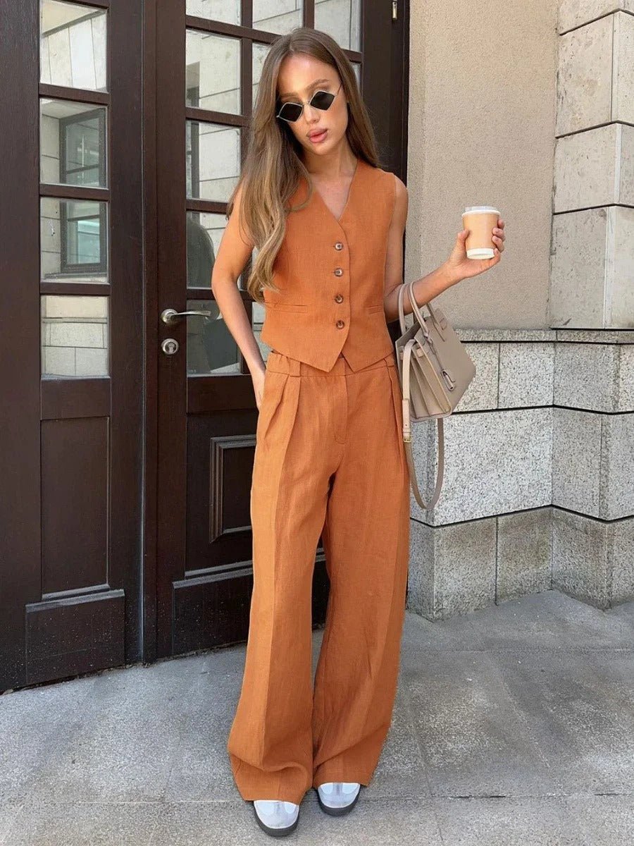 Freya Conjunto de Lino para Mujer – Chaleco y Pantalón Palazzo Verano Chic