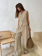 Freya Conjunto de Lino para Mujer – Chaleco y Pantalón Palazzo Verano Chic