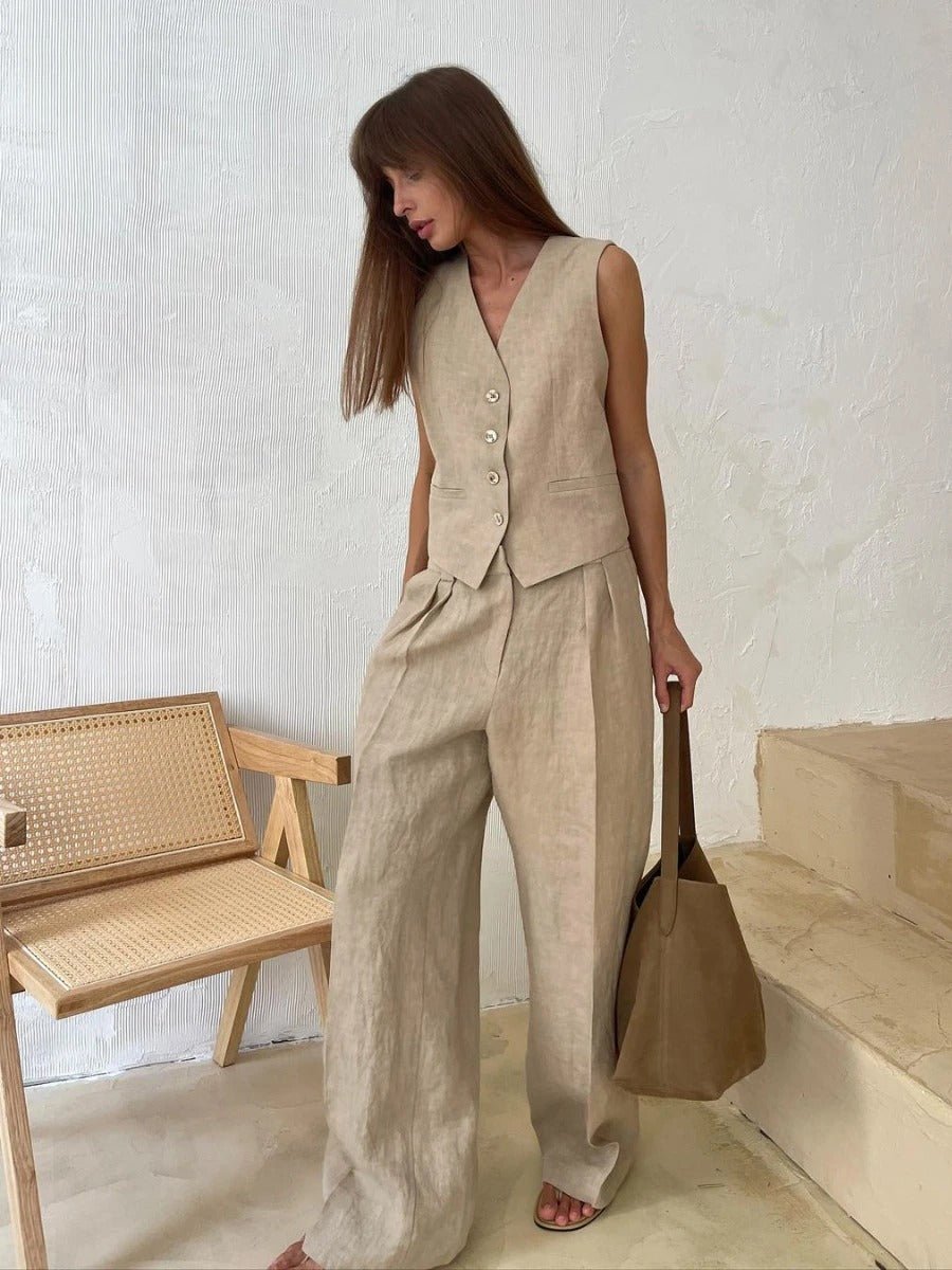 Freya Conjunto de Lino para Mujer – Chaleco y Pantalón Palazzo Verano Chic